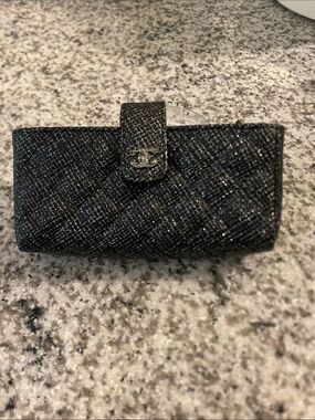 CHANEL Black Glitter Quilted Snap Wallet